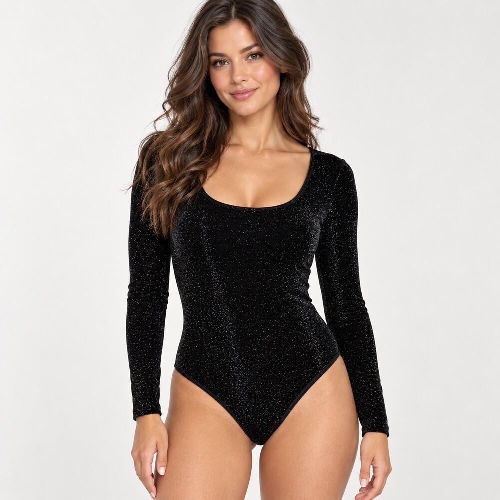 Halara Bodysuit Women’s XL Black Silver Shimmer Long Sleeve Square Neck NWOT